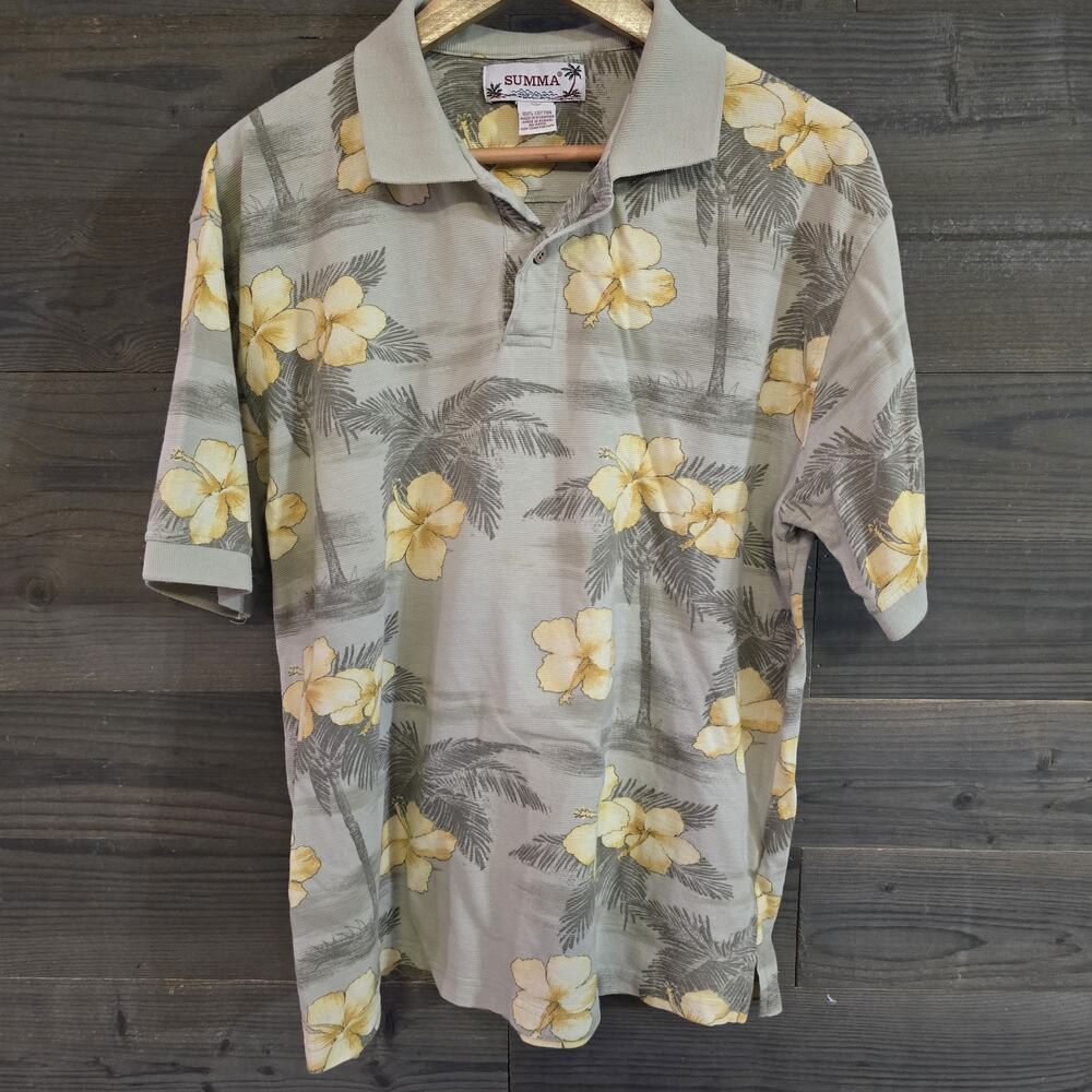 Vintage SUMMA Hawaiian Shirt Men's L 100% Cotton Hibiscus Palm Tree Aloha Polo